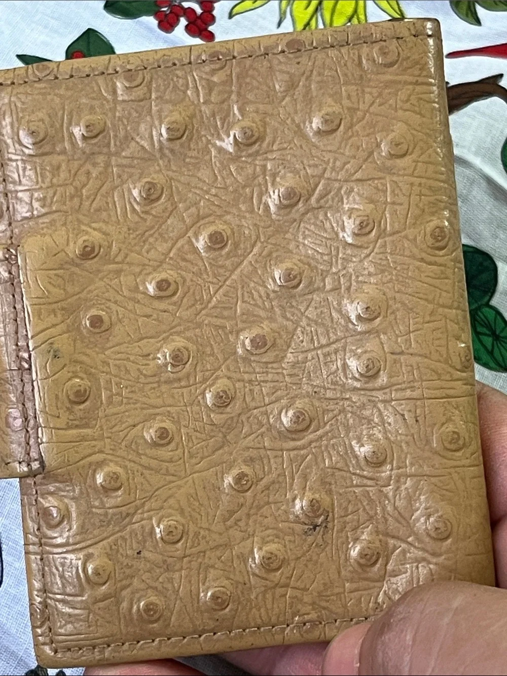 Saks Fifth Avenue Tan Faux-Ostrich Key & Card Wallet
